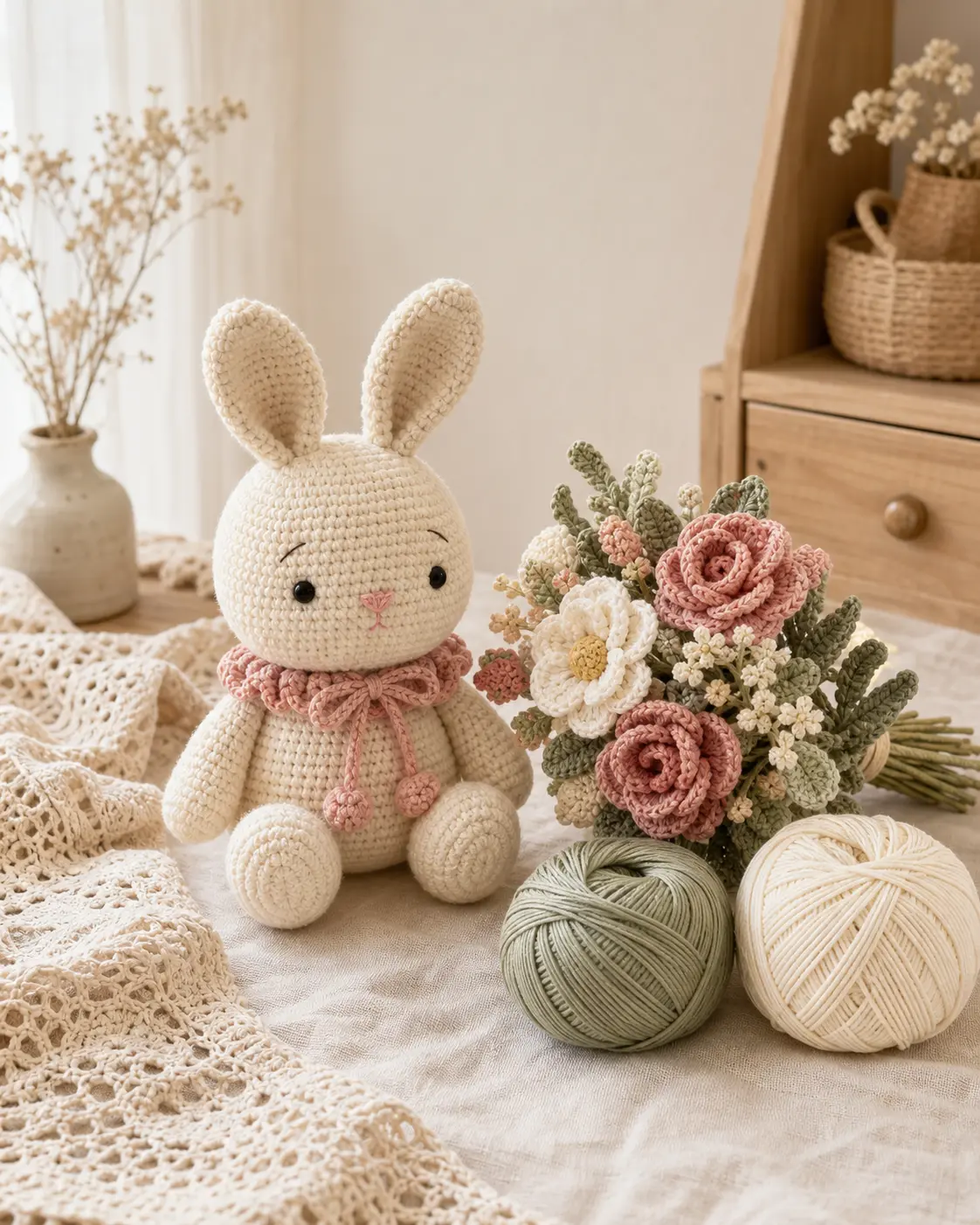 Thỏ len, hoa móc và cuộn len thủ công của Snowie đan móc